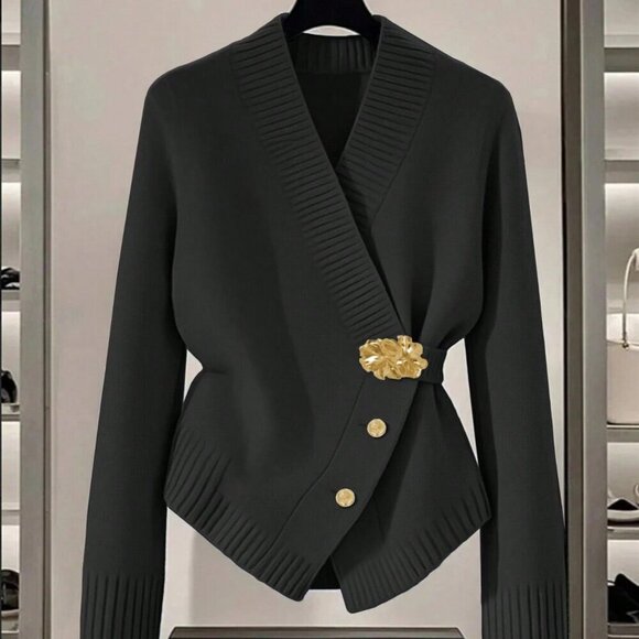 Sweaters - Black Casual Women's Metal Button Asymmetrical Cardigan Sweater